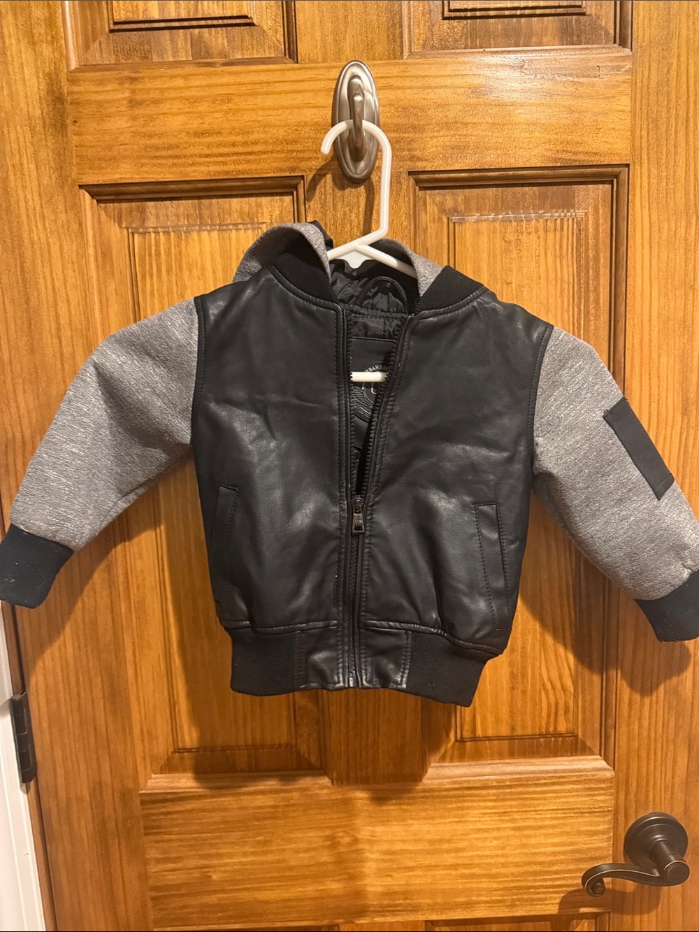 Toddler Black Faux Leather Bomber Jacket with Gray Sleeves
